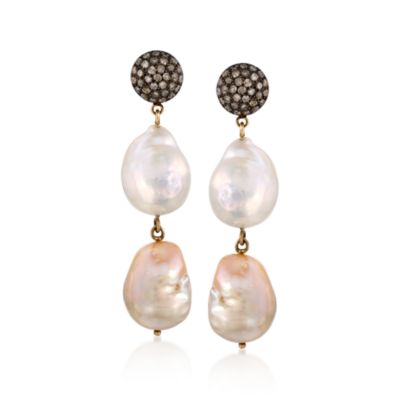 .95 ct. t.w. Pave Diamond and 13-14mm Cultured Baroque Pearl Earrings In Two-Tone &mdash; Alt Image 1