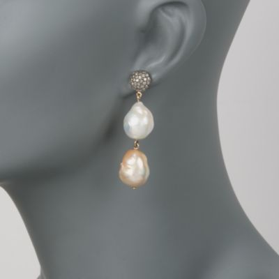 .95 ct. t.w. Pave Diamond and 13-14mm Cultured Baroque Pearl Earrings In Two-Tone &mdash; Alt Image 2