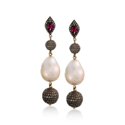 Cultured Baroque Pearl and 4.90 ct. t.w. Pave Diamond Earrings With Tourmalines in Sterling Silver &mdash; Alt Image 1
