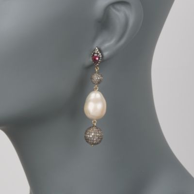 Cultured Baroque Pearl and 4.90 ct. t.w. Pave Diamond Earrings With Tourmalines in Sterling Silver &mdash; Alt Image 2