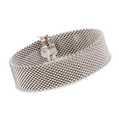 Italian Sterling Silver Beaded Mesh Bracelet With 14kt White Gold Clasp. 8" &mdash; Alt Image 1