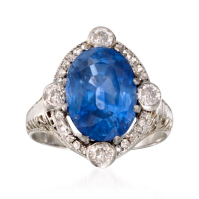 C. 1970 Vintage .55 ct. t.w. Diamond and 6.16 Carat Certified Sapphire Ring in 18kt White Gold. Size 5 &mdash; Alt Image 1