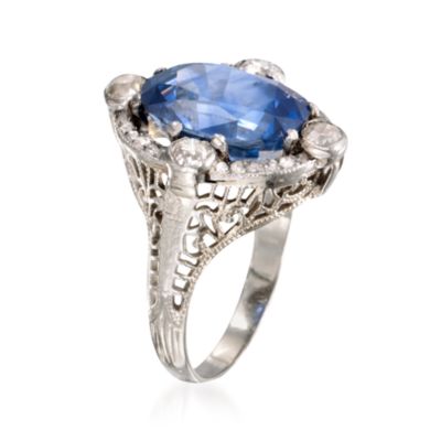 C. 1970 Vintage .55 ct. t.w. Diamond and 6.16 Carat Certified Sapphire Ring in 18kt White Gold. Size 5 &mdash; Alt Image 3