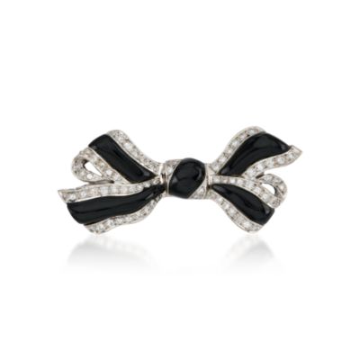 C. 1990 Vintage Black Onyx and .60 ct. t.w. Diamond Ribbon Pin In 18kt White Gold &mdash; Alt Image 1