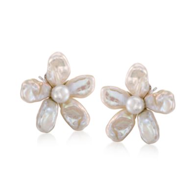 Cultured Baroque Pearl Flower Earrings In Sterling Silver. Stud Earrings &mdash; Alt Image 1