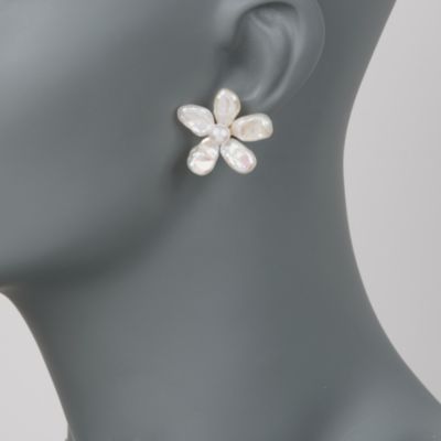 Cultured Baroque Pearl Flower Earrings In Sterling Silver. Stud Earrings &mdash; Alt Image 2