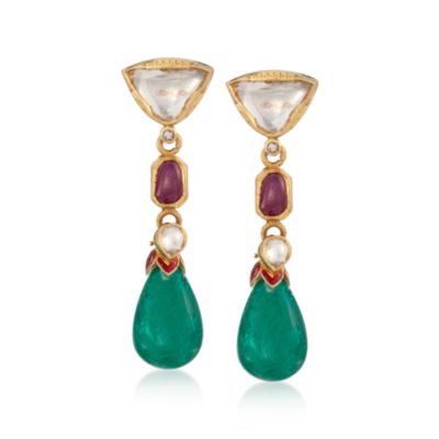 Multi-Gem and Diamond Dangle  Earrings With Enamel in 18kt Yellow Gold &mdash; Alt Image 1