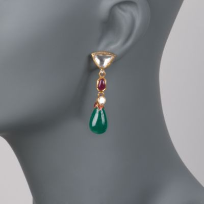 Multi-Gem and Diamond Dangle  Earrings With Enamel in 18kt Yellow Gold &mdash; Alt Image 2