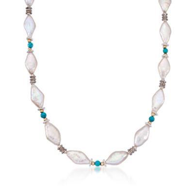 Cultured Pearl Necklace With Turquoise Beads in Two-Tone &mdash; Alt Image 1