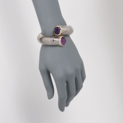 Italian 16.00 ct. t.w. Purple Quartz Ribbed Coil Cuff Bracelet in Two-Tone. 8" &mdash; Alt Image 2