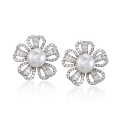 14mm Cultured South Sea Pearl and 10.90 ct. t.w. Diamond Earrings In 18kt White Gold &mdash; Alt Image 1