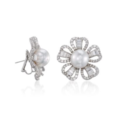 14mm Cultured South Sea Pearl and 10.90 ct. t.w. Diamond Earrings In 18kt White Gold &mdash; Alt Image 3