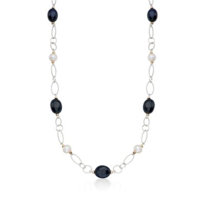 30.00 ct. t.w. Sapphire Bead and 8.5mm Cultured Pearl Link Necklace In Sterling Silver With 14kt Yellow Gold. 48" &mdash; Alt Image 1
