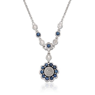 1.10 ct. t.w. Sapphire and .35 ct. t.w. Diamond Floral Drop Necklace in 14kt White Gold &mdash; Alt Image 1
