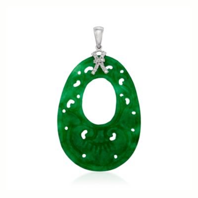 Carved Green Jade and Diamond Pendant In 18kt White Gold &mdash; Alt Image 1