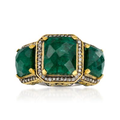 11.00 ct. t.w. Emerald and .40 ct. t.w. Diamond Three-Stone Ring In Sterling Silver Two-Tone &mdash; Alt Image 1