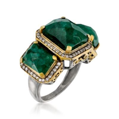 11.00 ct. t.w. Emerald and .40 ct. t.w. Diamond Three-Stone Ring In Sterling Silver Two-Tone &mdash; Alt Image 3