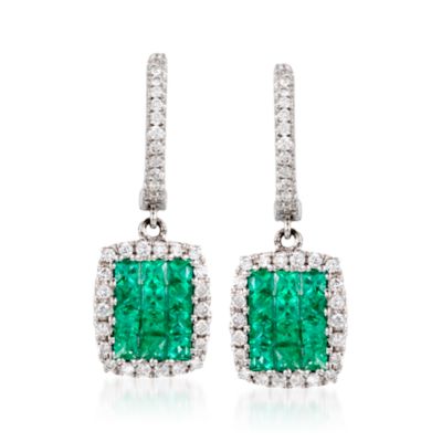 Gregg Ruth .60 ct. t.w. Emerald and .25 ct. t.w. Diamond Earrings in 18kt White Gold &mdash; Alt Image 1