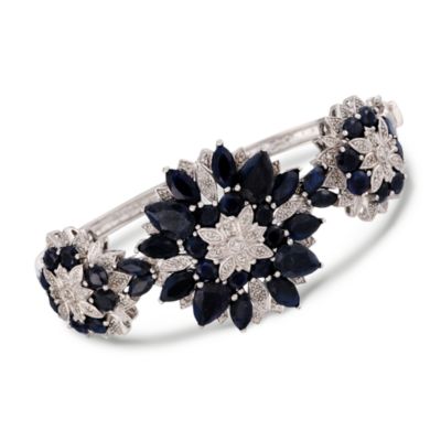 22.00 ct. t.w. Sapphire and .25 ct. t.w. Diamond Floral Bangle Bracelet In Sterling Silver. 7" &mdash; Alt Image 1
