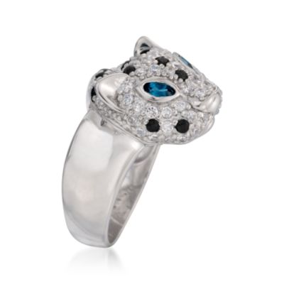 White Topaz and Black Sapphire Panther Ring With Blue Topaz in Sterling Silver &mdash; Alt Image 3