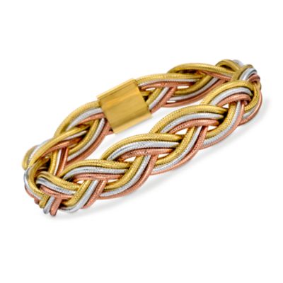 Italian Flex Braided Bangle Bracelet With Tri-Colored Gold. 7" &mdash; Alt Image 1