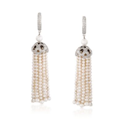 2.10 ct. t.w. Diamond and 3-6.5mm Cultured Pearl Tassel Earrings in 18kt White Gold &mdash; Alt Image 1