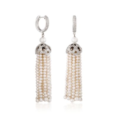 2.10 ct. t.w. Diamond and 3-6.5mm Cultured Pearl Tassel Earrings in 18kt White Gold &mdash; Alt Image 3