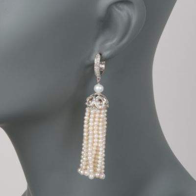 2.10 ct. t.w. Diamond and 3-6.5mm Cultured Pearl Tassel Earrings in 18kt White Gold &mdash; Alt Image 2