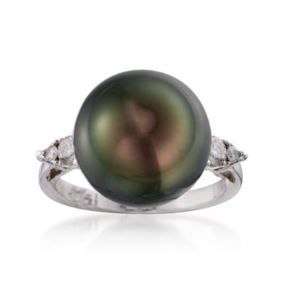 Cultured Tahitian Pearl and .25 ct. t.w. Diamond Ring In 18kt White Gold &mdash; Alt Image 1