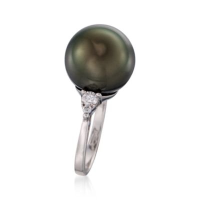 Cultured Tahitian Pearl and .25 ct. t.w. Diamond Ring In 18kt White Gold &mdash; Alt Image 3