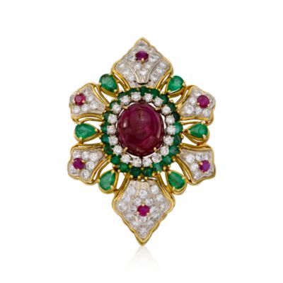 C. 1960 Vintage 17.90 ct. t.w. Ruby and 5.00 ct. t.w. Diamond Pin Pendant With Emeralds In 18kt Two-Tone Gold &mdash; Alt Image 1