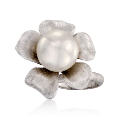 Italian 14mm Faux Pearl Flower Ring in Sterling Silver. Size 8 &mdash; Alt Image 1