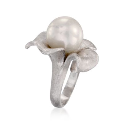 Italian 14mm Faux Pearl Flower Ring in Sterling Silver. Size 8 &mdash; Alt Image 2