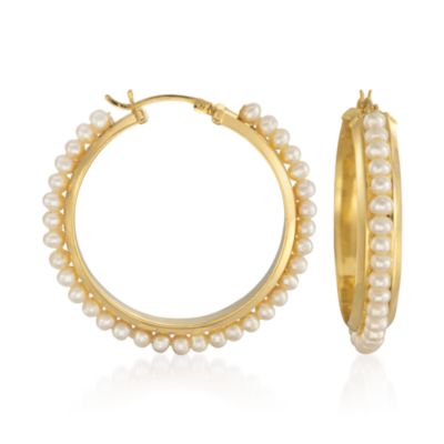 3-4mm Pearl Hoop Earrings in 14kt Gold Over Sterling Silver &mdash; Alt Image 1
