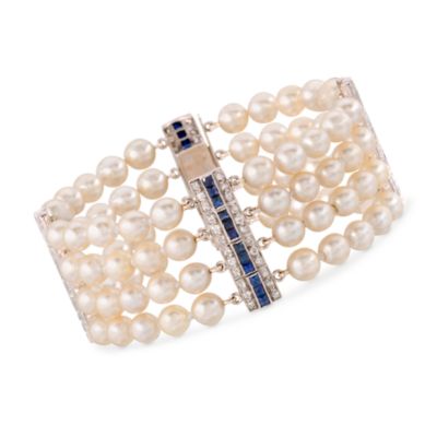 C. 1960 Vintage Cultured Pearl Bracelet With 1.50 ct. t.w. Diamonds and 2.00 ct. t.w. Sapphires In Platinum. 7.5" &mdash; Alt Image 1