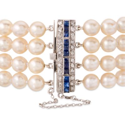 C. 1960 Vintage Cultured Pearl Bracelet With 1.50 ct. t.w. Diamonds and 2.00 ct. t.w. Sapphires In Platinum. 7.5" &mdash; Alt Image 2