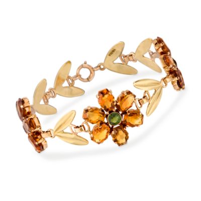 C. 1940 Vintage 27.50 ct. t.w. Citrine Bracelet With 1.95 ct. t.w. Green Tourmaline in 14kt Yellow Gold. 7.5" &mdash; Alt Image 1