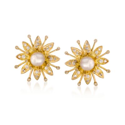 C. 1940 Vintage Cultured Pearl and 1.75 ct. t.w. Diamond Earrings in 14kt Yellow Gold &mdash; Alt Image 1