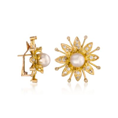 C. 1940 Vintage Cultured Pearl and 1.75 ct. t.w. Diamond Earrings in 14kt Yellow Gold &mdash; Alt Image 2