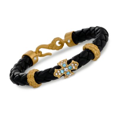 Italian Braided Leather .30 ct. t.w. CZ Cross Bracelet With Vermeil. 8.5" &mdash; Alt Image 1