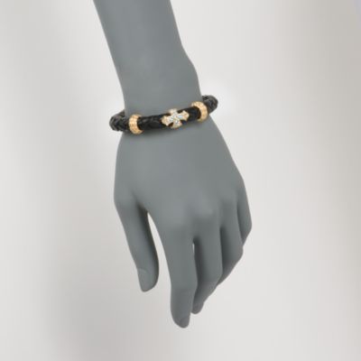 Italian Braided Leather .30 ct. t.w. CZ Cross Bracelet With Vermeil. 8.5" &mdash; Alt Image 2
