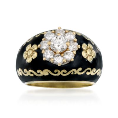 C. 1975 Vintage 1.15 ct. t.w. Diamond Floral Ring With Black Enamel in 14kt Yellow Gold. Size 7 &mdash; Alt Image 1