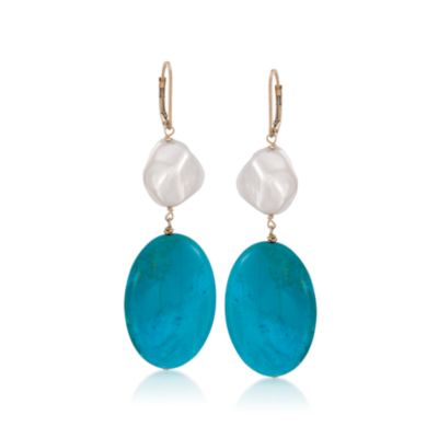 Baroque Pearl and Turquoise Earrings in 14kt Yellow Gold &mdash; Alt Image 1
