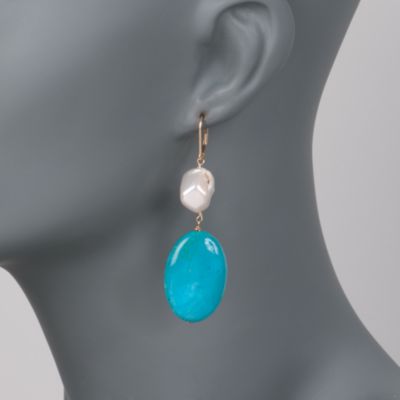 Baroque Pearl and Turquoise Earrings in 14kt Yellow Gold &mdash; Alt Image 2