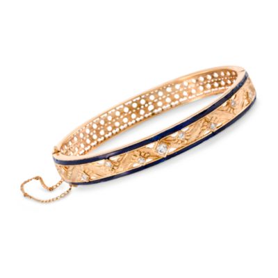 C. 1960 Vintage .50 ct. t.w. Diamond Bangle Bracelet With Blue Enamel In 14k Yellow Gold. 7" &mdash; Alt Image 1