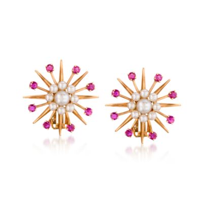 C. 1970 Vintage Cultured Pearl and 1.10 ct. t.w. Ruby Earrings In 14kt Yellow Gold &mdash; Alt Image 1