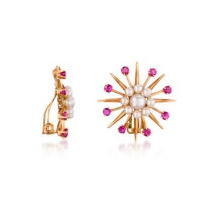 C. 1970 Vintage Cultured Pearl and 1.10 ct. t.w. Ruby Earrings In 14kt Yellow Gold &mdash; Alt Image 2