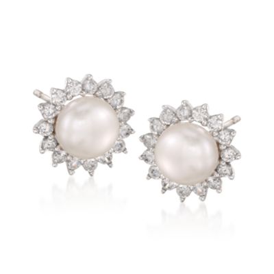 8mm Cultured Pearl and .90 ct. t.w. CZ Earrings in Sterling Silver &mdash; Alt Image 1