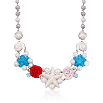 7-8mm Cultured Pearl and Multi-Gem Starfish & Sea Life Necklace in Sterling Silver. 18.5" &mdash; Alt Image 1