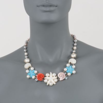 7-8mm Cultured Pearl and Multi-Gem Starfish & Sea Life Necklace in Sterling Silver. 18.5" &mdash; Alt Image 2